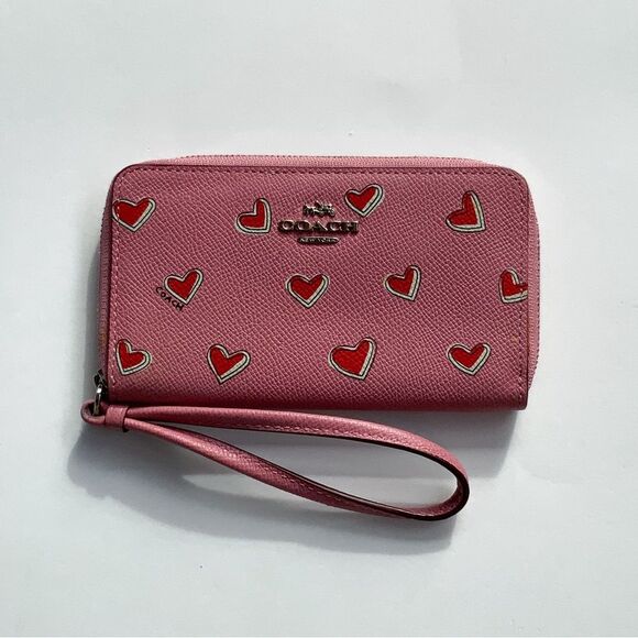 Coach Pink Red Hearts Wristlet Wallet - Picture 1 of 5